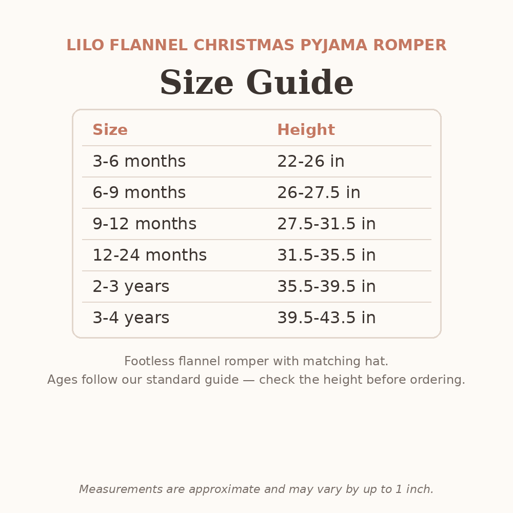 Lilo Flannel Christmas Pyjama Romper size guide - age and height
