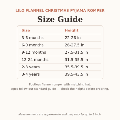 Lilo Flannel Christmas Pyjama Romper size guide - age and height