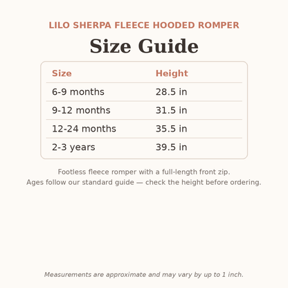 Lilo Sherpa Fleece Hooded Romper size guide - age and height