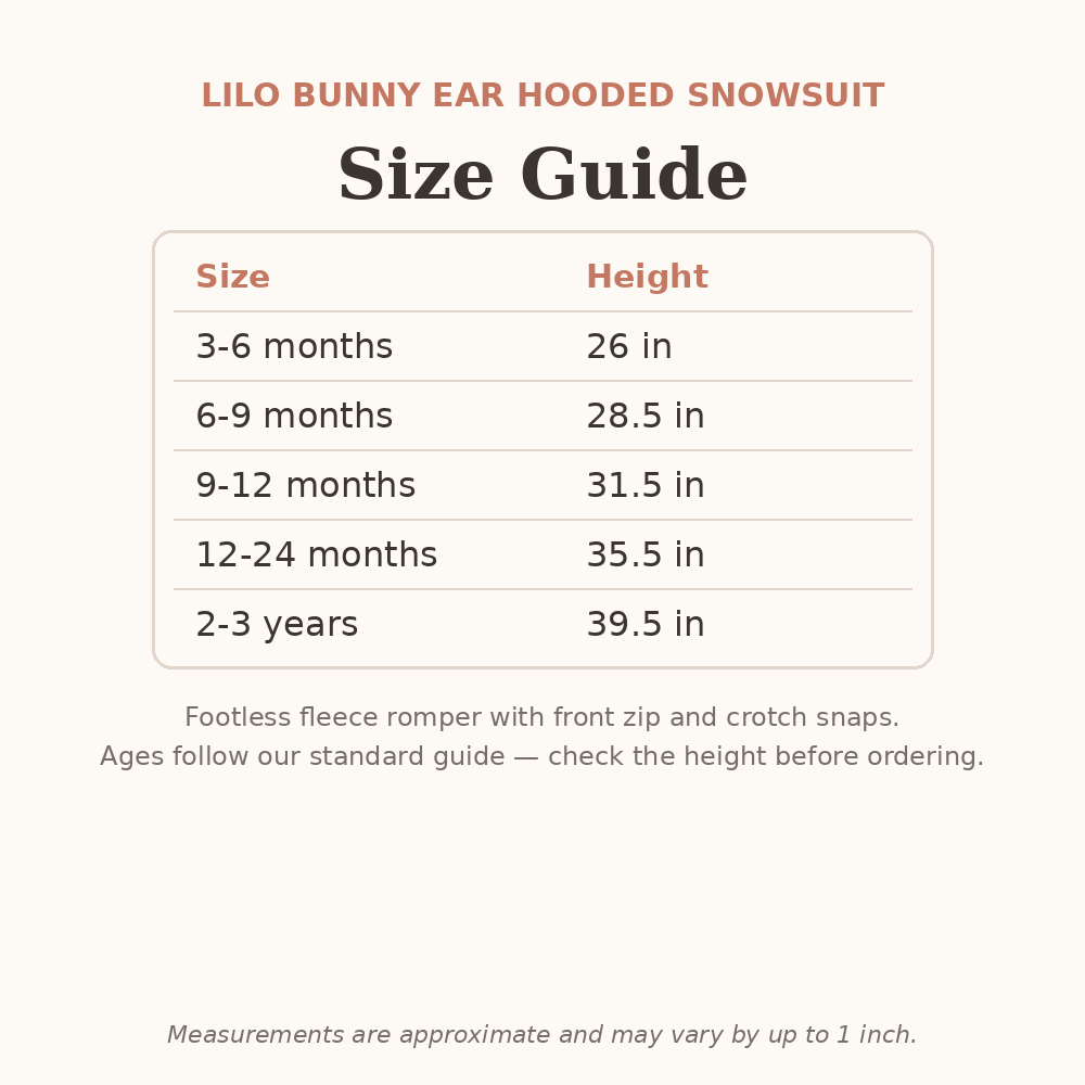 Lilo Bunny Ear Hooded Snowsuit size guide - age and height