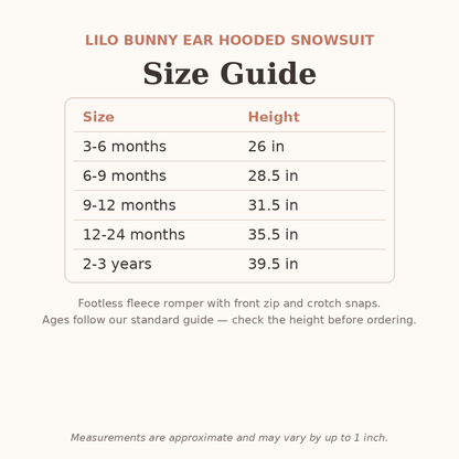 Lilo Bunny Ear Hooded Snowsuit size guide - age and height