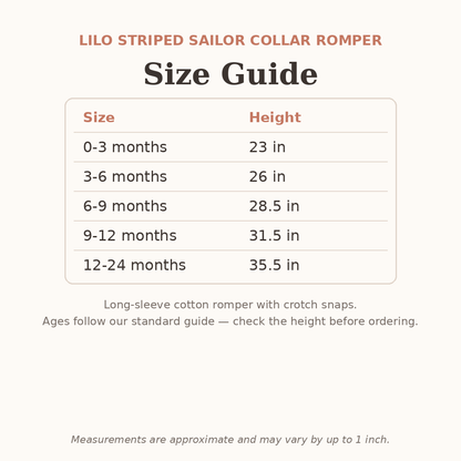 Lilo Striped Sailor Collar Romper size guide - age and height