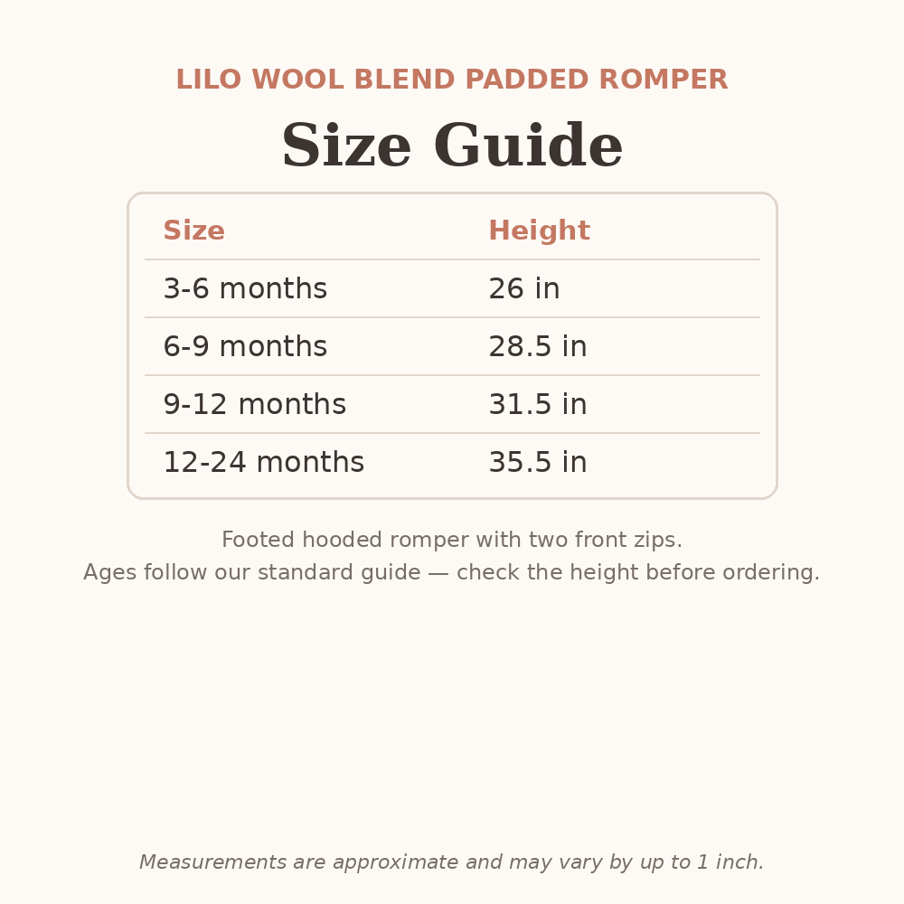 Lilo Wool Blend Padded Romper size guide - age and height
