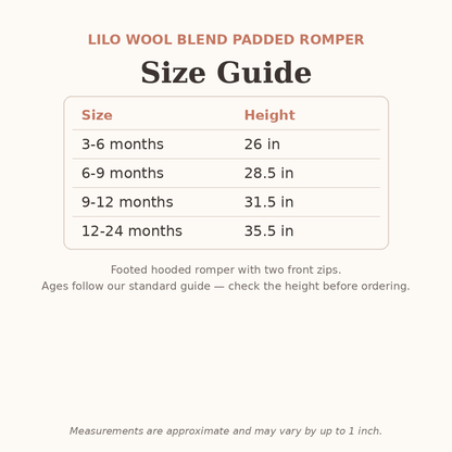 Lilo Wool Blend Padded Romper size guide - age and height