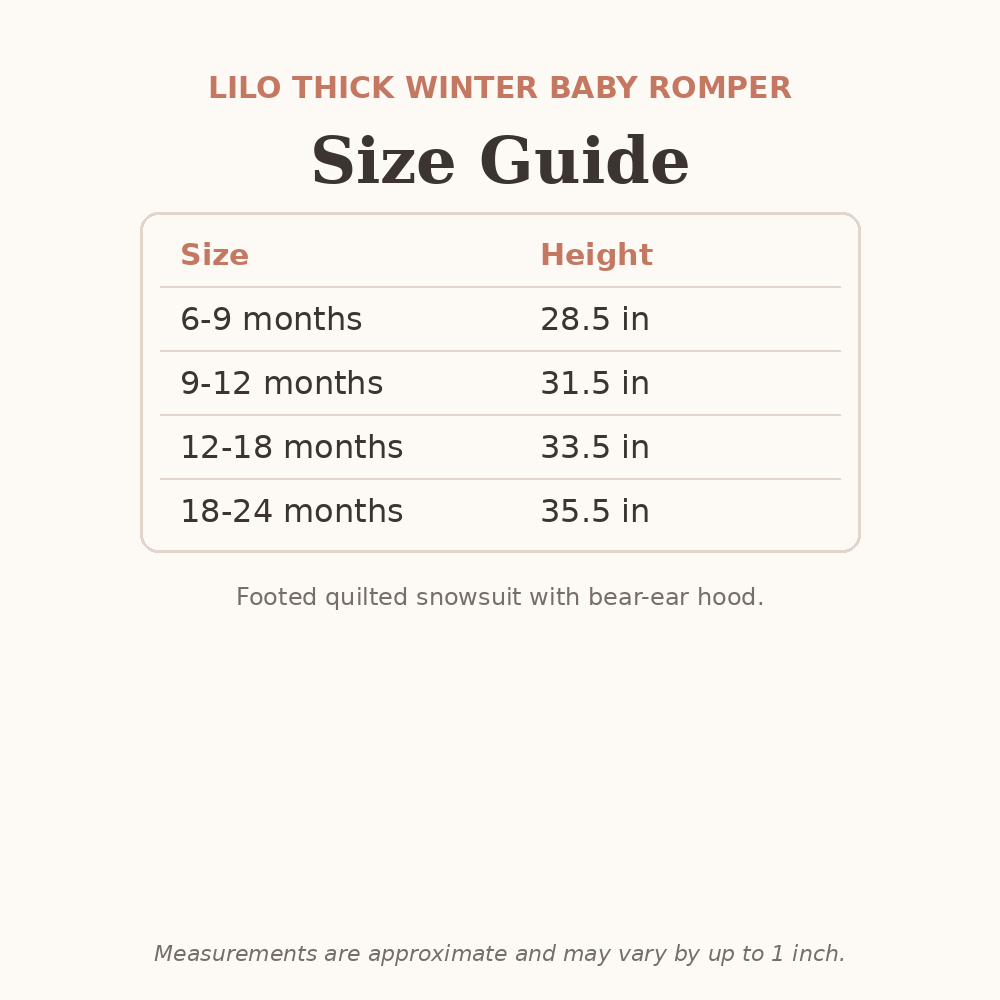 Lilo Thick Winter Baby Romper size guide - age and height