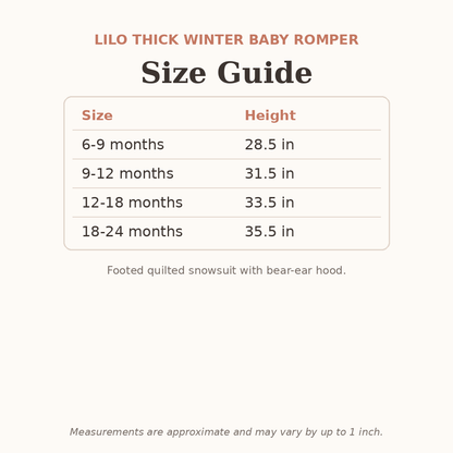 Lilo Thick Winter Baby Romper size guide - age and height