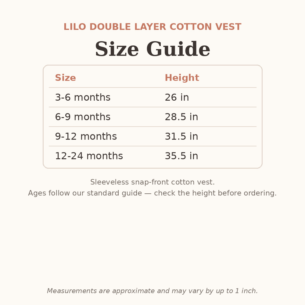 Lilo Double Layer Cotton Vest size guide - age and height