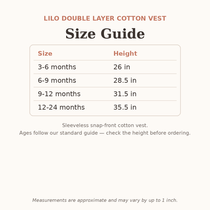 Lilo Double Layer Cotton Vest size guide - age and height