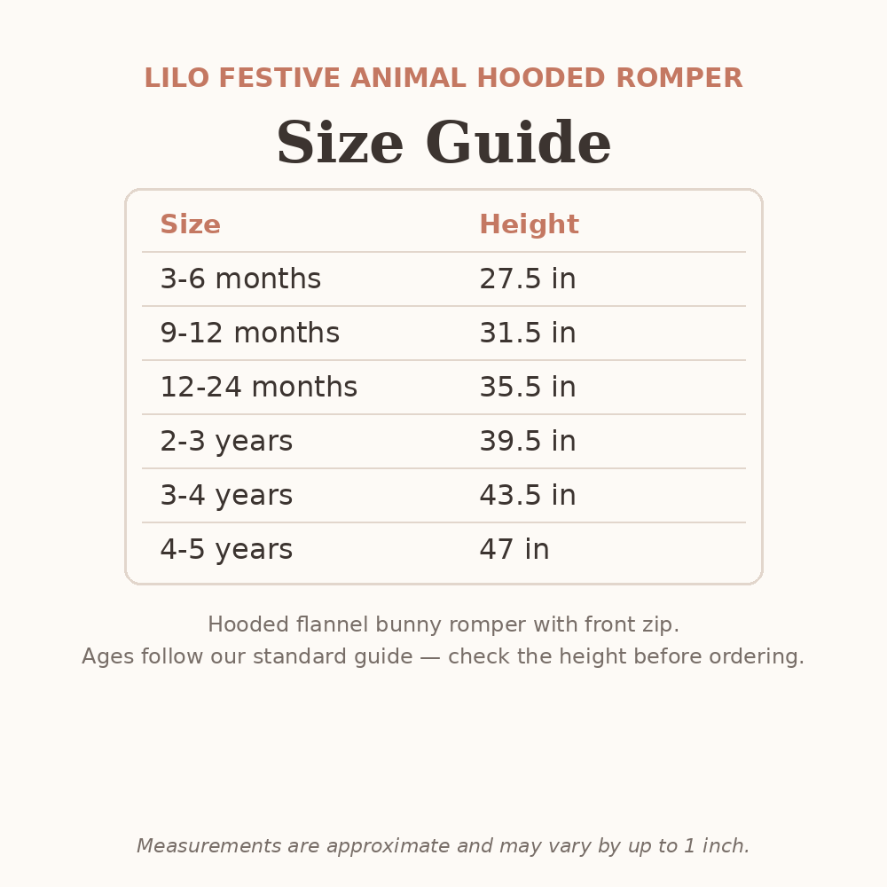 Lilo Festive Animal Hooded Romper size guide - age and height