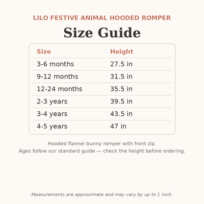 Lilo Festive Animal Hooded Romper size guide - age and height