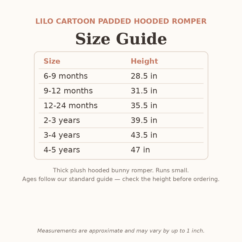 Lilo Cartoon Padded Hooded Romper size guide - age and height