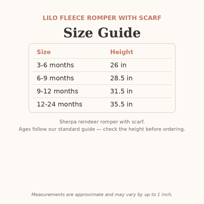 Lilo Fleece Romper with Scarf size guide - age and height