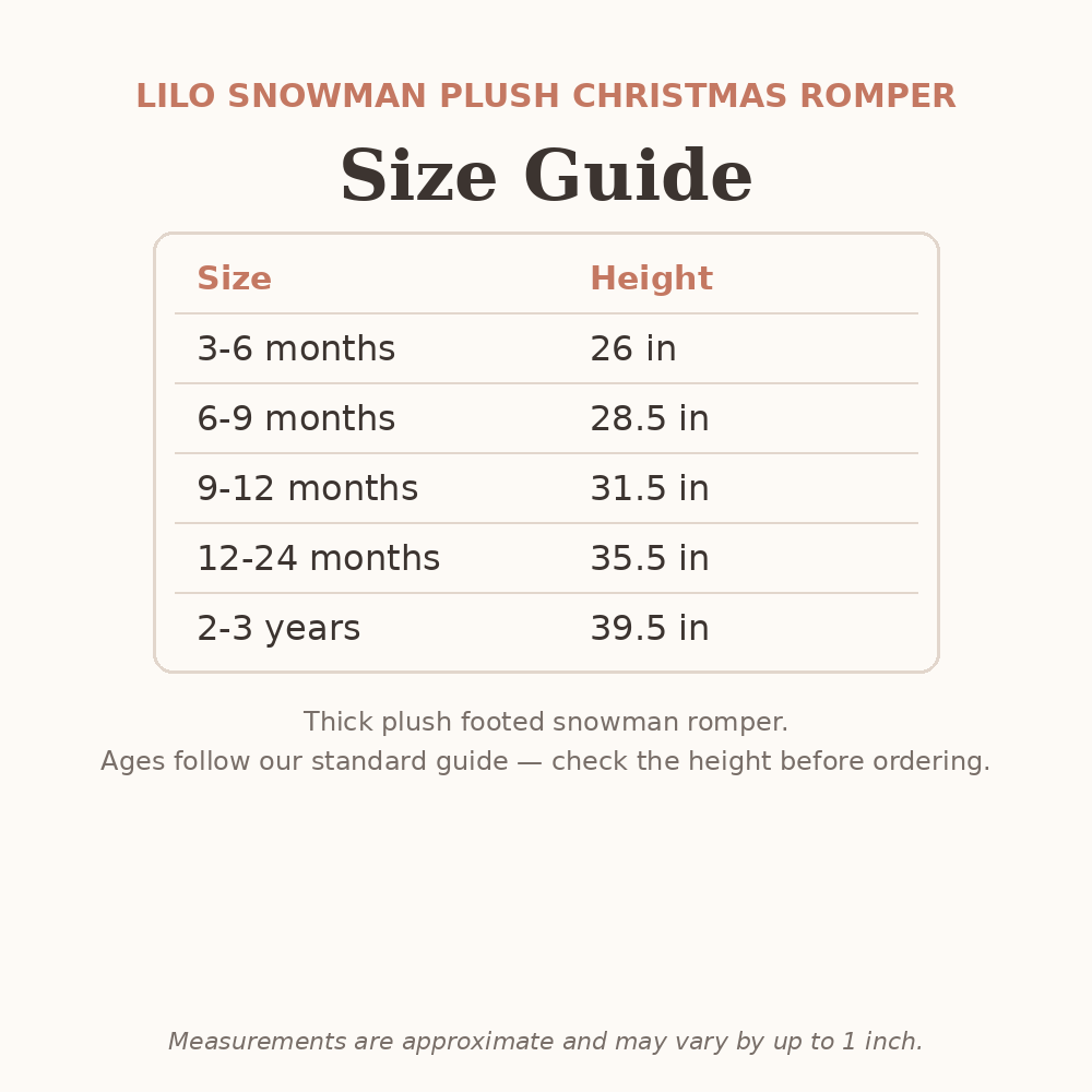 Lilo Snowman Plush Christmas Romper size guide - age and height