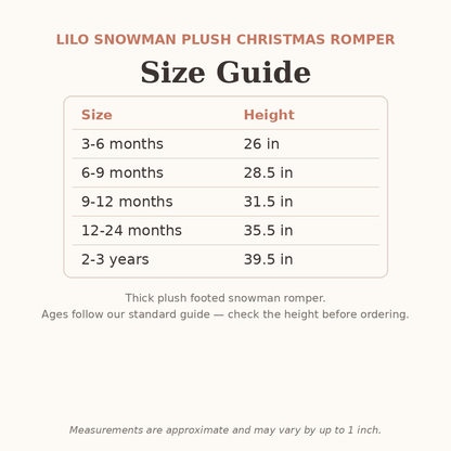 Lilo Snowman Plush Christmas Romper size guide - age and height
