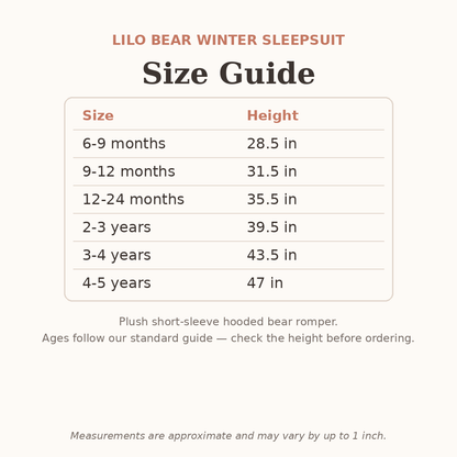 Lilo Bear Winter Sleepsuit size guide - age and height