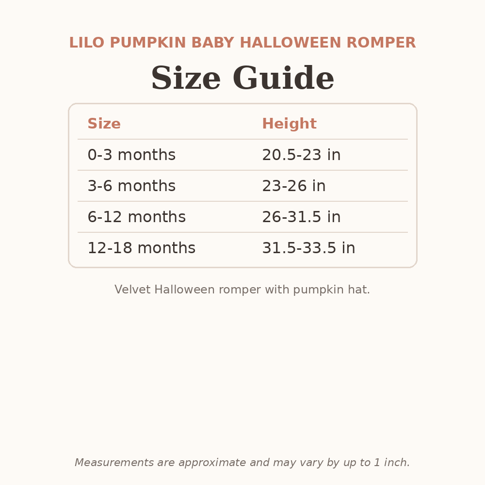 Lilo Pumpkin Baby Halloween Romper size guide - age and height