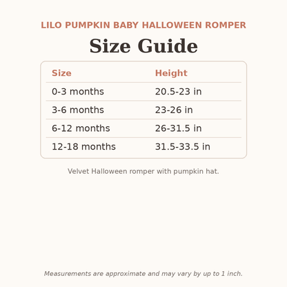 Lilo Pumpkin Baby Halloween Romper size guide - age and height