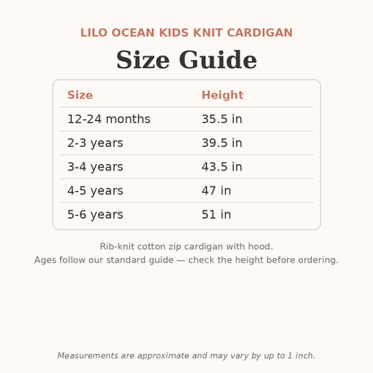 Lilo Ocean Kids Knit Cardigan size guide - age and height