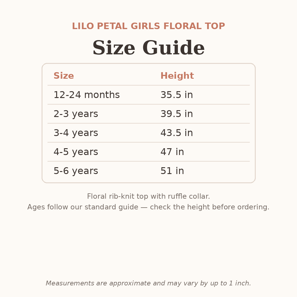 Lilo Petal Girls Floral Top size guide - age and height