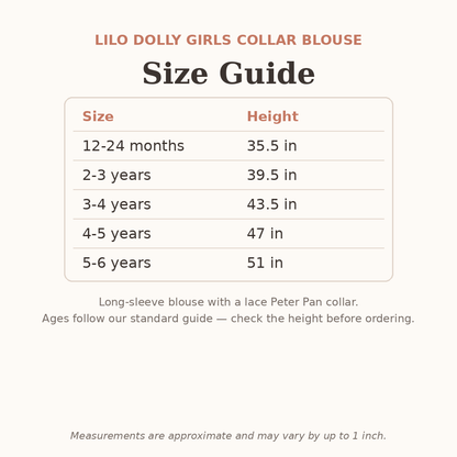Lilo Dolly Girls Collar Blouse size guide - age and height