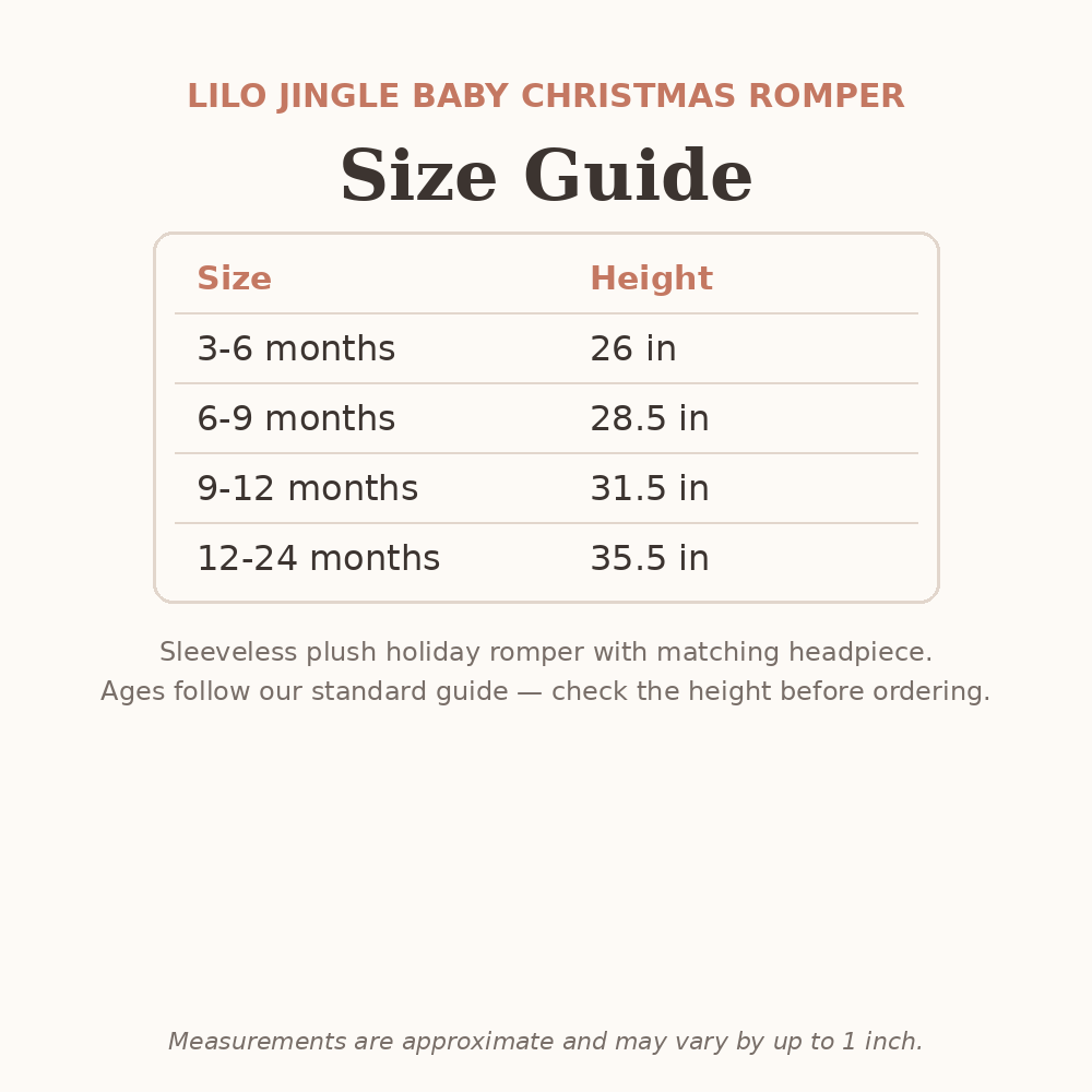 Lilo Jingle Baby Christmas Romper size guide - age and height
