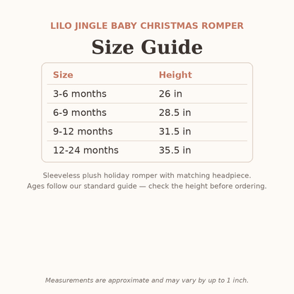 Lilo Jingle Baby Christmas Romper size guide - age and height