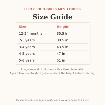 Lilo Cloud Girls Mesh Dress size guide - age and height