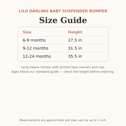 Lilo Darling Baby Suspender Romper size guide - age and height