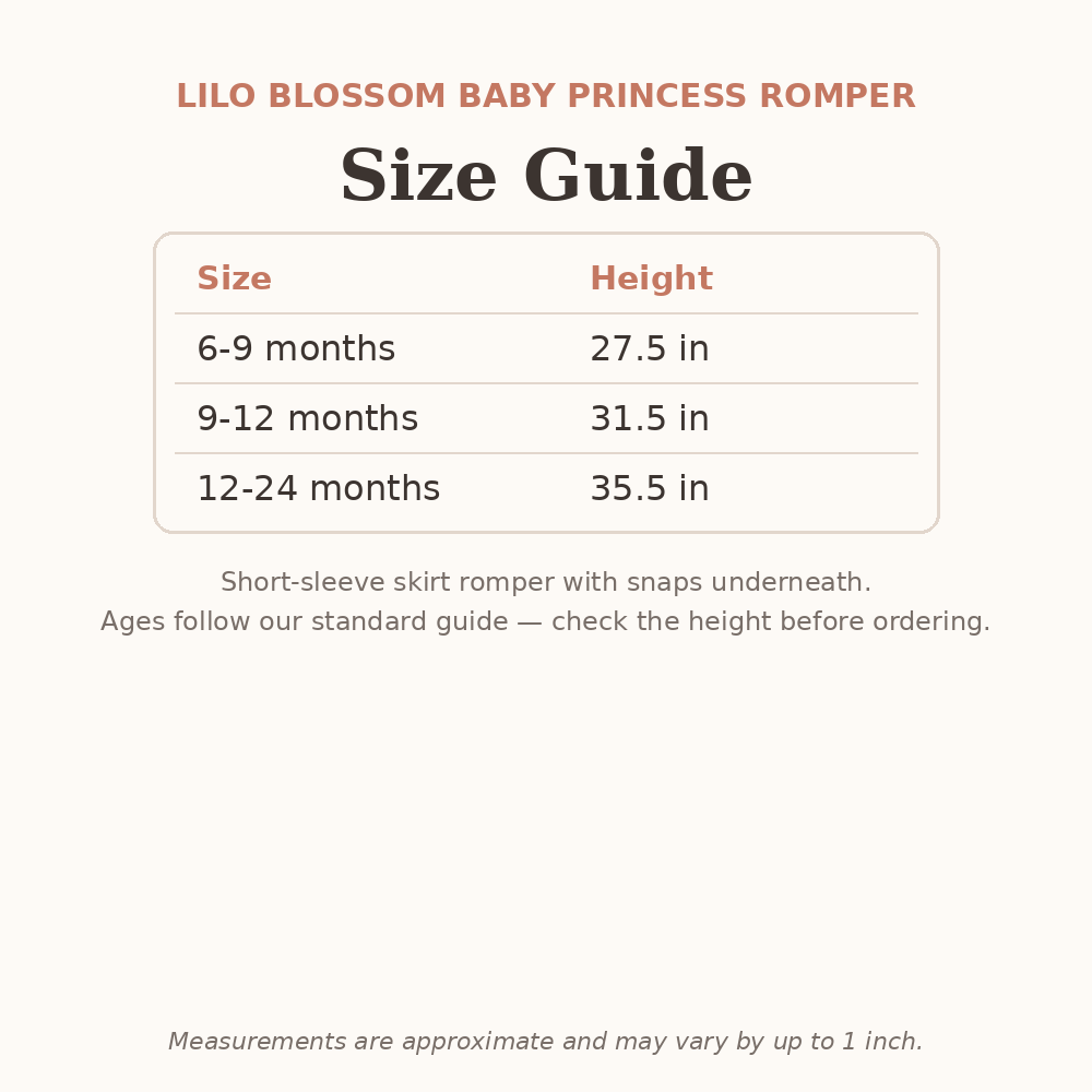Lilo Blossom Baby Princess Romper size guide - age and height
