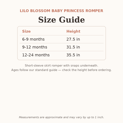 Lilo Blossom Baby Princess Romper size guide - age and height