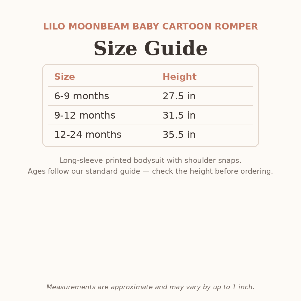 Lilo Moonbeam Baby Cartoon Romper size guide - age and height