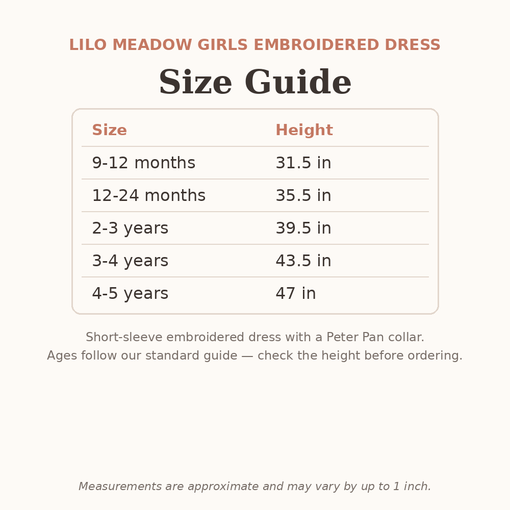 Lilo Meadow Girls Embroidered Dress size guide - age and height