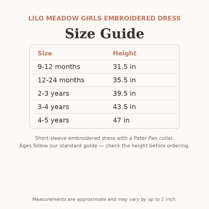 Lilo Meadow Girls Embroidered Dress size guide - age and height