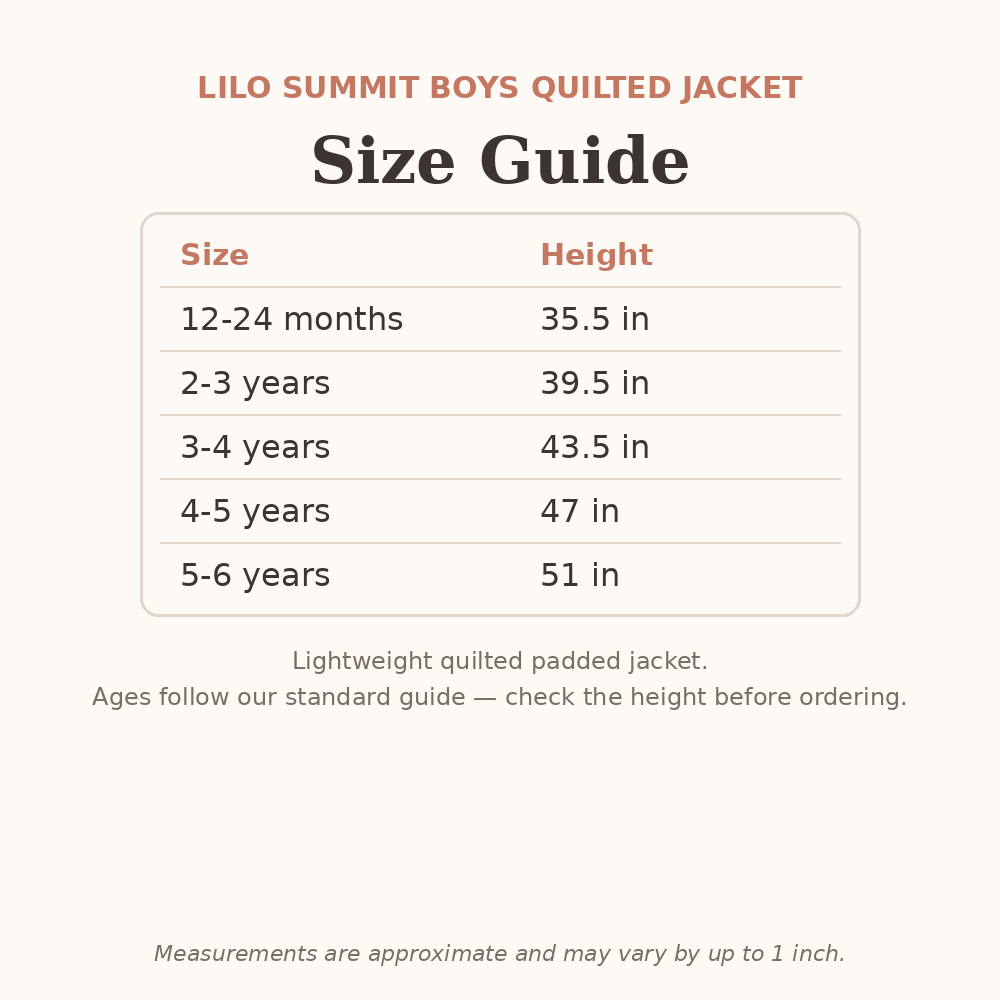 Lilo Summit Boys Quilted Jacket size guide - age and height
