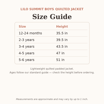 Lilo Summit Boys Quilted Jacket size guide - age and height