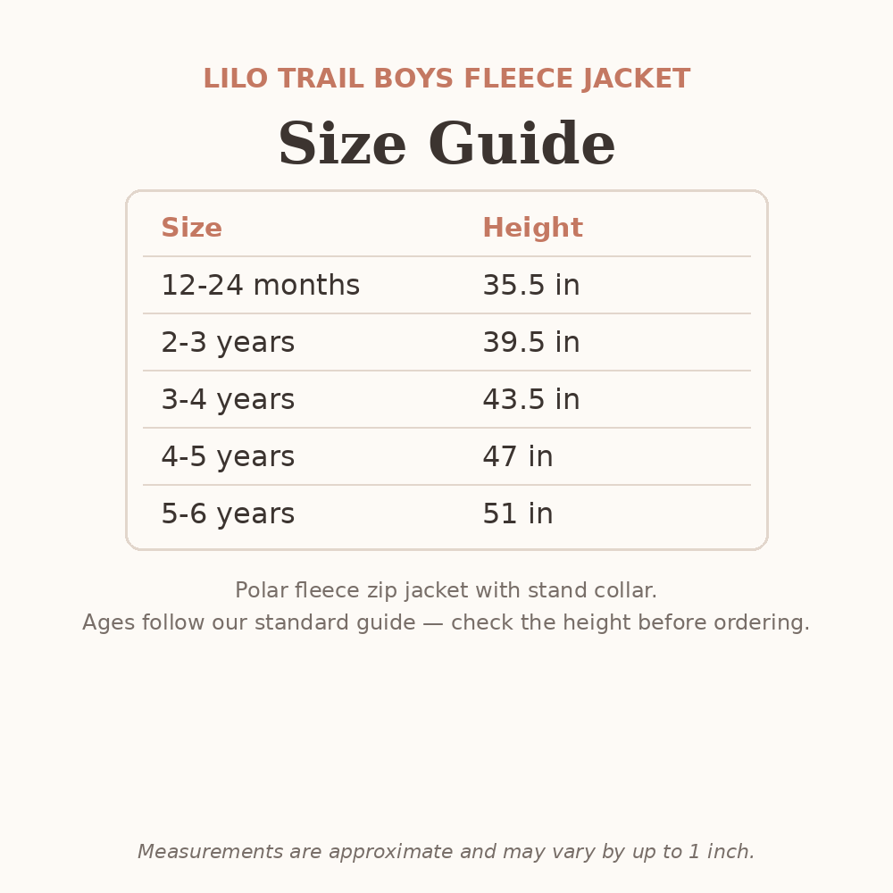Lilo Trail Boys Fleece Jacket size guide - age and height