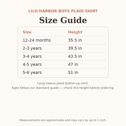 Lilo Harbor Boys Plaid Shirt size guide - age and height