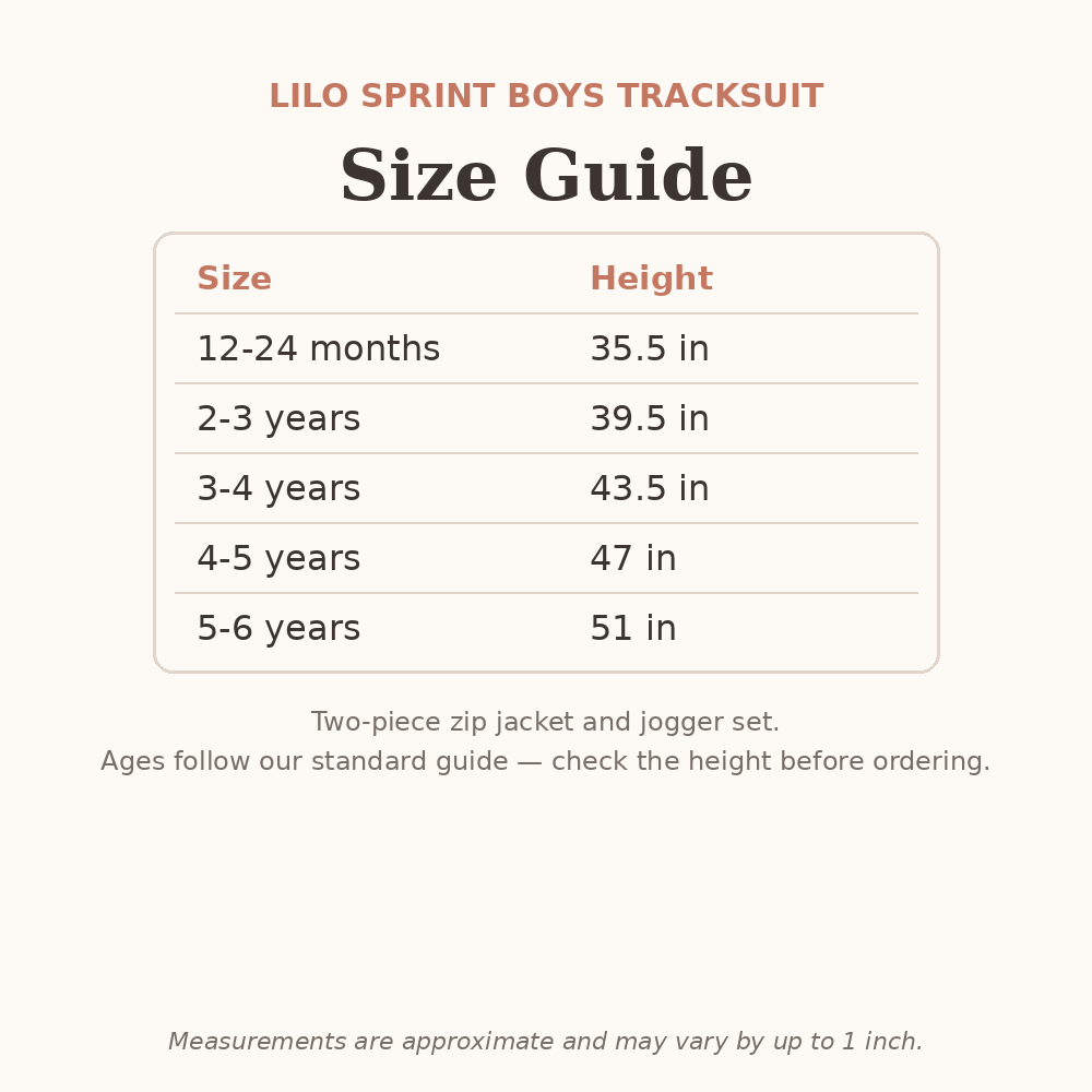Lilo Sprint Boys Tracksuit size guide - age and height