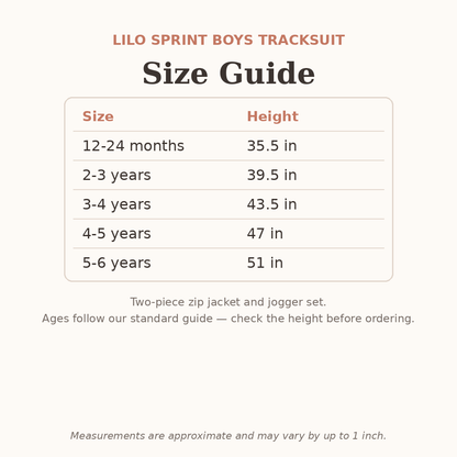 Lilo Sprint Boys Tracksuit size guide - age and height