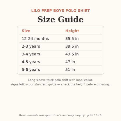 Lilo Prep Boys Polo Shirt size guide - age and height