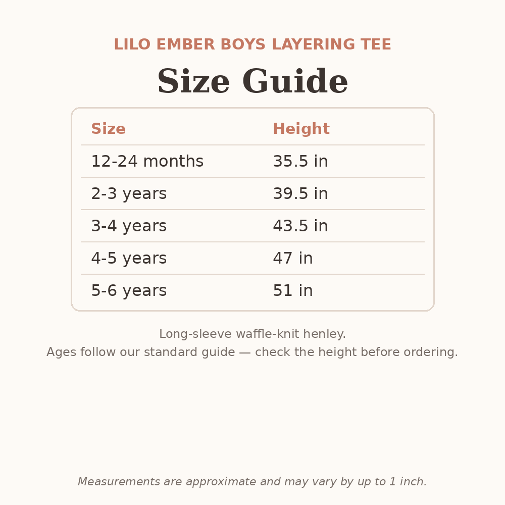 Lilo Ember Boys Layering Tee size guide - age and height