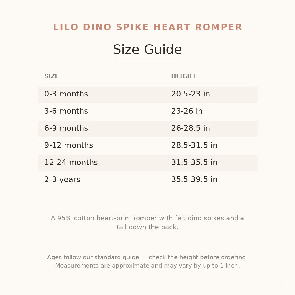 Lilo Dino Spike Heart Romper size guide - age and height