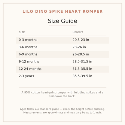 Lilo Dino Spike Heart Romper size guide - age and height