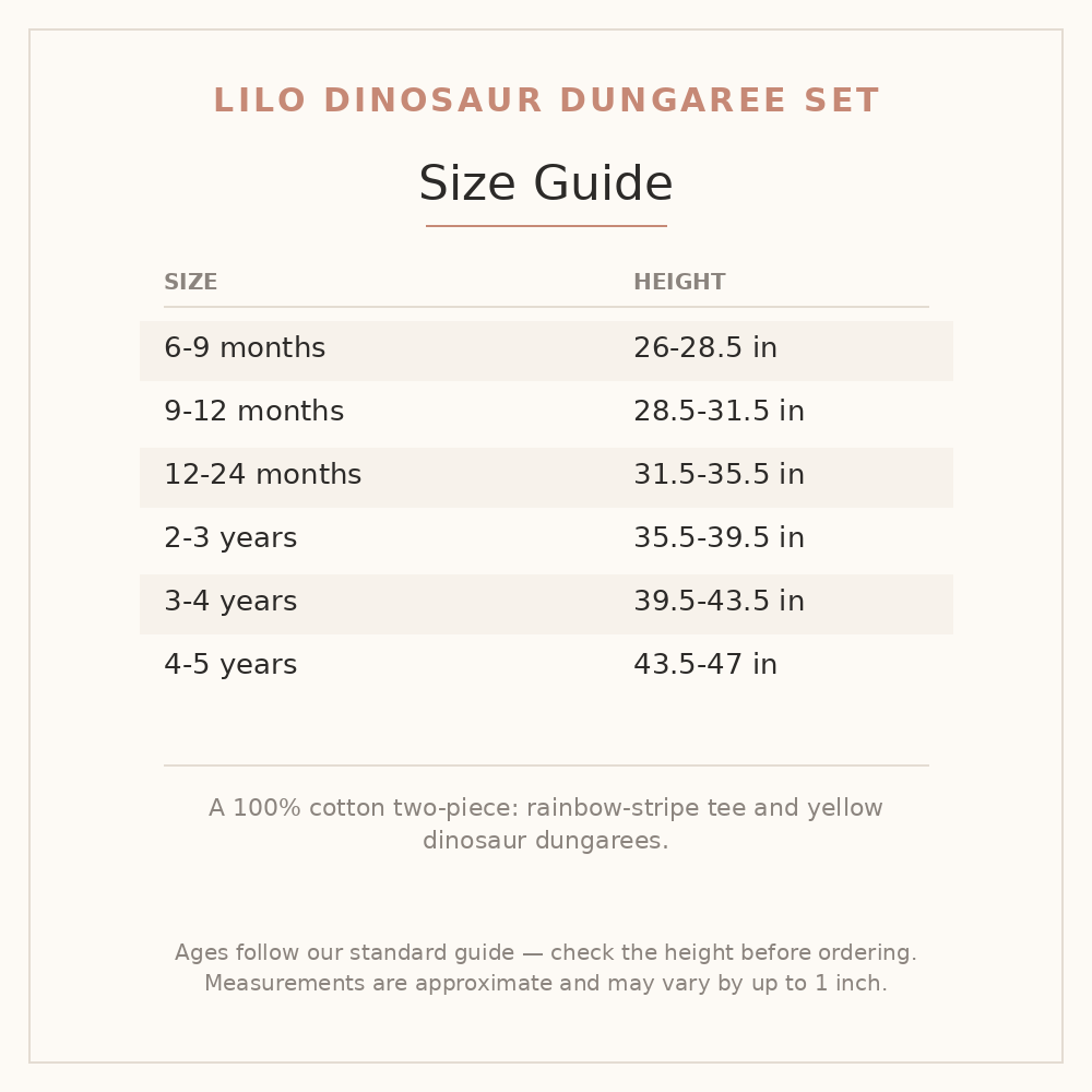 Lilo Dinosaur Dungaree Set size guide - age and height