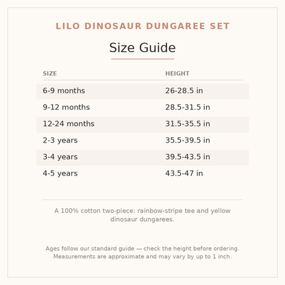 Lilo Dinosaur Dungaree Set size guide - age and height