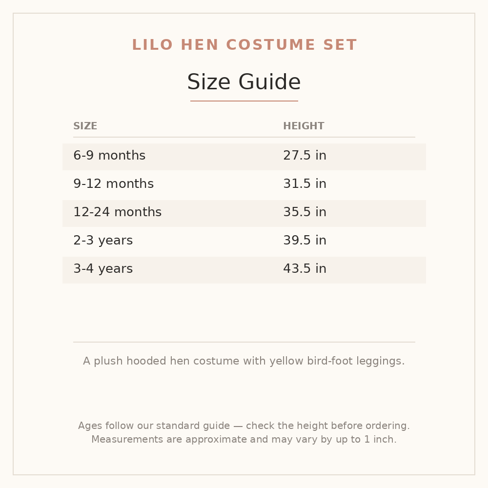 Lilo Hen Costume Set size guide - age and height