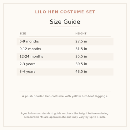 Lilo Hen Costume Set size guide - age and height