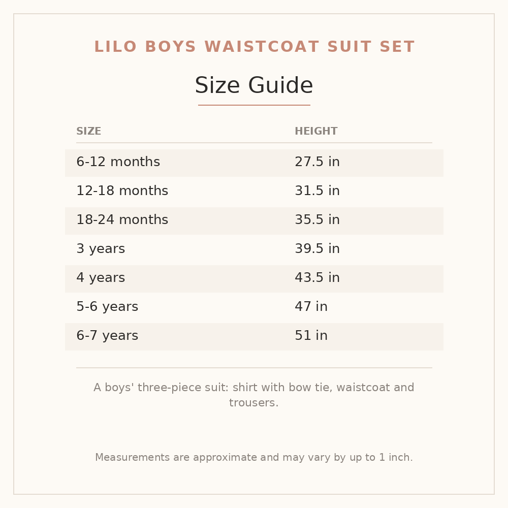 Lilo Boys Waistcoat Suit Set size guide - age and height