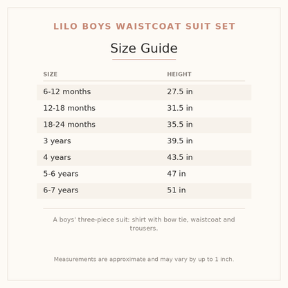 Lilo Boys Waistcoat Suit Set size guide - age and height