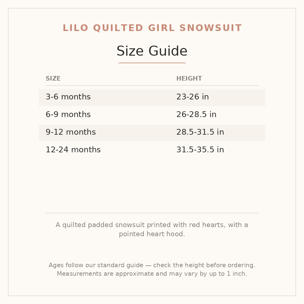 Lilo Quilted Girl Snowsuit size guide - age and height